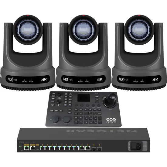 PTZOptics Move 4K 12x 3 Full Bundle | Kit 3x PTZ Caméra 12x Zoom + PTZOptics SUPERJOY Contrôleur + Netgear AV Line Switch