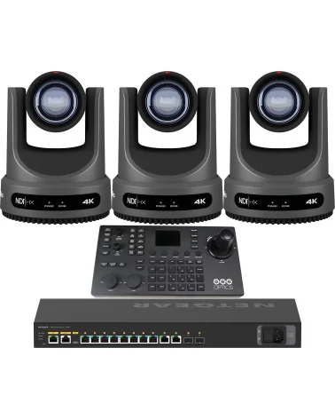 PTZOptics Move 4K 12x 3 Full Bundle | Kit 3x PTZ Caméra 12x Zoom + PTZOptics SUPERJOY Contrôleur + Netgear AV Line Switch