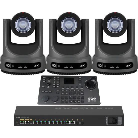 PTZOptics Move 4K 20x 3 Full Bundle | Kit 3x PTZ Caméra 20x Zoom + PTZOptics SUPERJOY Contrôleur + Netgear AV Line Switch