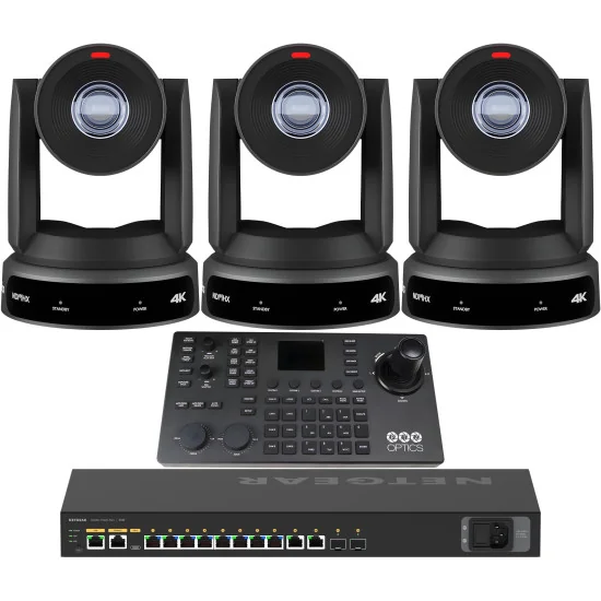 PTZOptics Move 4K 30x 3 Full Bundle | Kit 3x PTZ Caméra 30x Zoom + PTZOptics SUPERJOY Contrôleur + Netgear AV Line Switch