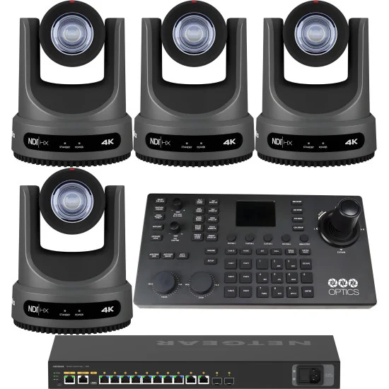 PTZOptics Move 4K 20x 4 Full Bundle | Kit 4x PTZ Caméra 20x Zoom + PTZOptics SUPERJOY Contrôleur + Netgear AV Line Switch