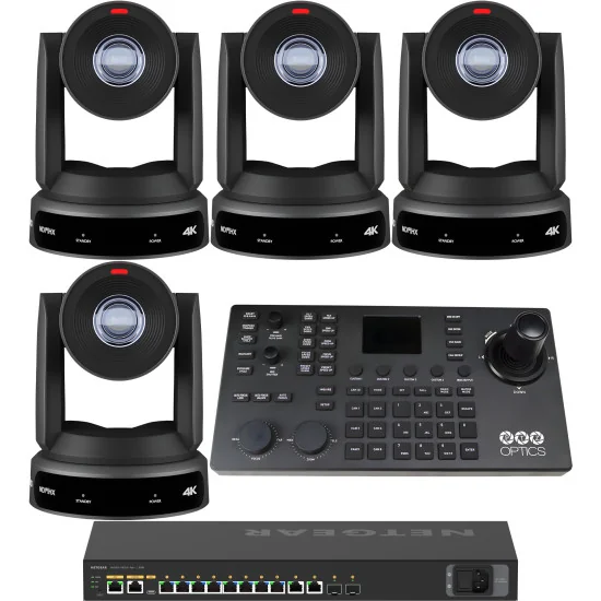 PTZOptics Move 4K 30x 4 Full Bundle | Kit 4x PTZ Caméra 30x Zoom + PTZOptics SUPERJOY Contrôleur + Netgear AV Line Switch