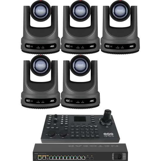 PTZOptics Move 4K 12x 5 Full Bundle | Kit 5x PTZ Caméra 12x Zoom + PTZOptics SUPERJOY Contrôleur + Netgear AV Line Switch