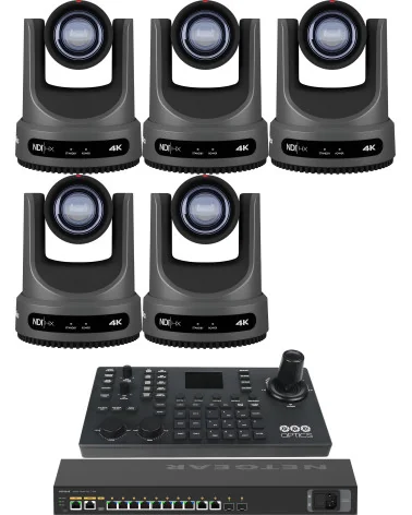 PTZOptics Move 4K 12x 5 Full Bundle | Kit 5x PTZ Camera 12x Zoom + PTZOptics SUPERJOY Controller + Netgear AV Line Switch