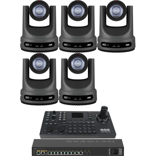 PTZOptics Move 4K 20x 5 Full Bundle | Kit 5x PTZ Caméra 20x Zoom + PTZOptics SUPERJOY Contrôleur + Netgear AV Line Switch