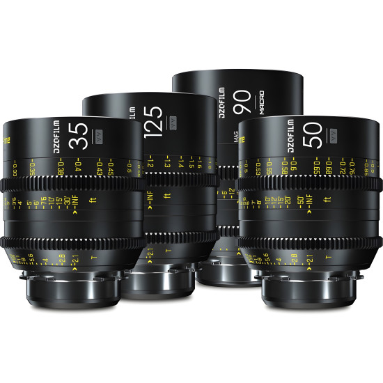 DZOFilm Vespid Prime 4-Lens Kit (35mm/50mm/125mm T2.1 + Macro 90mm T2.8) PL & EF Mount (VV/FF) | Full Frame Cine Lenses