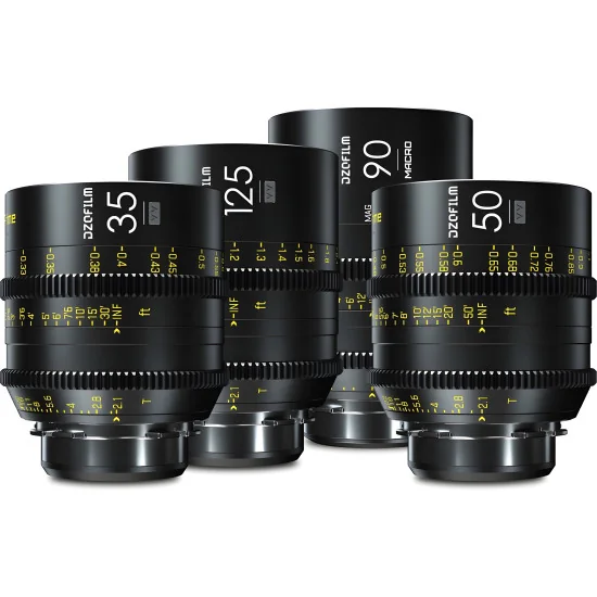 DZOFilm Vespid Prime 4-Lens Kit (35mm/50mm/125mm T2.1 + Macro 90mm T2.8) PL & EF Mount (VV/FF) | Objectifs Cinéma Plein format