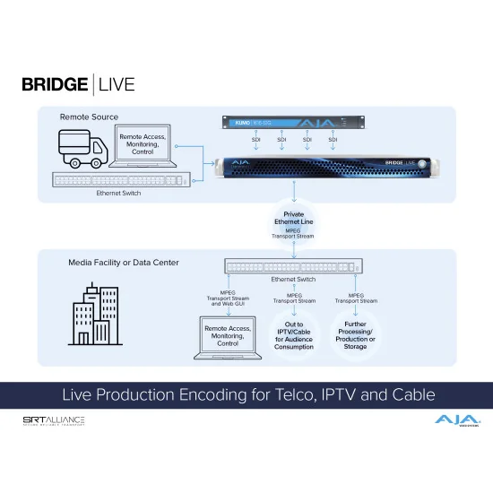 AJA Bridge Live 12G | Encodeur, décodeur, transcodeur, NDI, IP Streaming, SDI 4 canaux