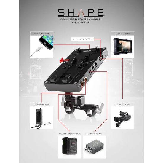 SHAPE 98Wh Battery Kit J-Box Camera Power and Charger for Sony FX9 KBFX9 | Plaque de batterie V-Mount pivotante