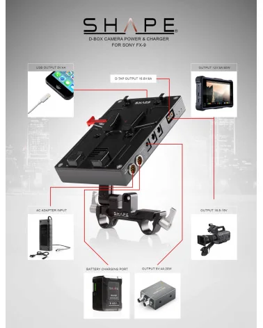 SHAPE 98Wh Battery Kit J-Box Camera Power and Charger for Sony FX9 KBFX9 | Plaque de batterie V-Mount pivotante