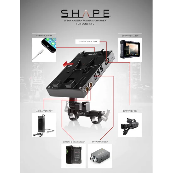 SHAPE J-Box Camera Power and Charger for Sony FX6 & FX9 BXFX9 | Pivoting V-Mount Battery Plate