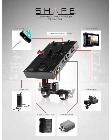 SHAPE J-Box Camera Power and Charger for Sony FX6 & FX9 BXFX9 | Pivoting V-Mount Battery Plate