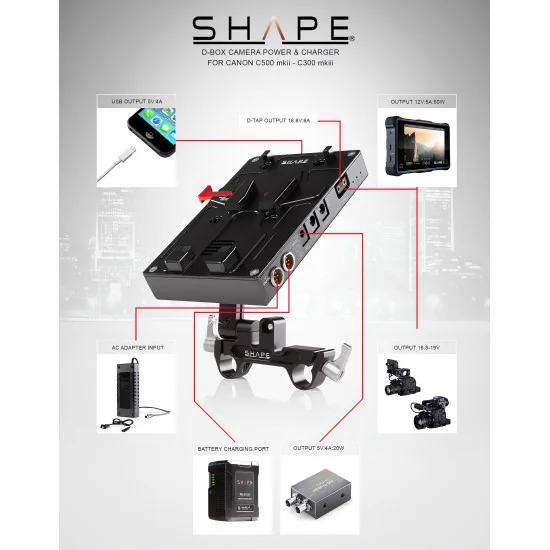 SHAPE J-Box Camera Power and Charger for Canon C500 Mark II & C300 Mark III BXC52 | Pivoting V-Mount Battery Plate