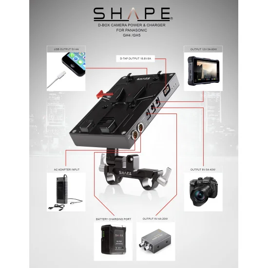 SHAPE J-Box Camera Power and Charger for Panasonic GH4, GH5, GH6 BXDMW | Pivoting V-Mount Battery Plate