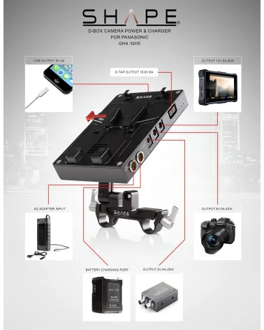 SHAPE J-Box Camera Power and Charger for Panasonic GH4, GH5, GH6 BXDMW | Pivoting V-Mount Battery Plate