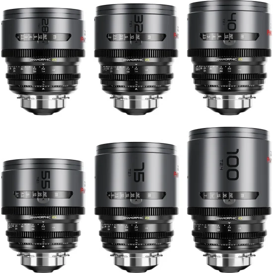 DZOFilm Pavo 2x Anamorphic 6-Lens Kit (28/32/40/55/75/100mm T2.1/T2.4) PL & EF Mount (S35) Revêtement neutre