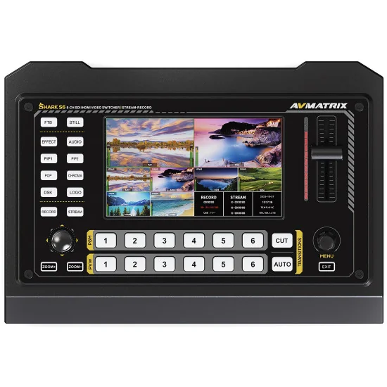 AVMATRIX SHARK S6 | Mélangeur streaming vidéo à 6 canaux, SDI, HDMI, USB, écran 5", enregistrement